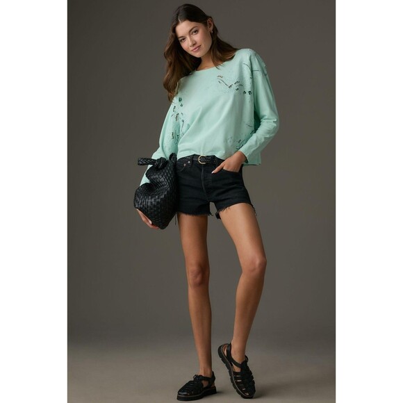 By Anthropologie Embroidered Sweatshirt Eyelet Top Eyelet Blue Cotton S 282724 - Picture 1 of 9
